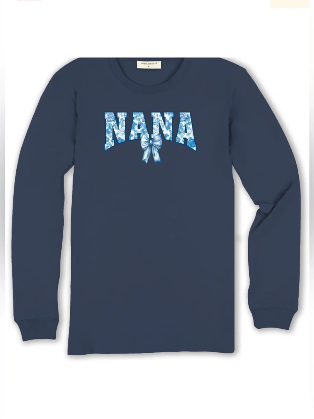 Simply Southern Navy Blue with Blue Floral Blessed Nana Bow Long Sleeved TShirt - Picture 3 of 4